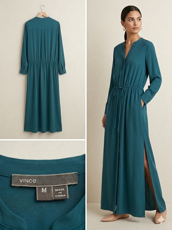 Vince Dresses & Skirts - Vince Teal Long-Sleeve Drawstring Maxi Dress with Side Slits